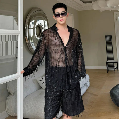 Load image into Gallery viewer, Casual Shorts Men&#39;s Korean Style Trend Sequin Tassel Solid Color Fashion Elastic Waist Male Pants Summer 9C5317
