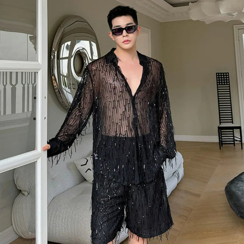 Casual Shorts Men's Korean Style Trend Sequin Tassel Solid Color Fashion Elastic Waist Male Pants Summer 9C5317