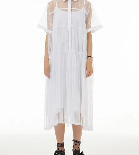 Women Black Mesh Perspective Midi Elegant Shirt Dress New Lapel Short Sleeve Fashion Tide Spring Summer 2025 1DJ0866