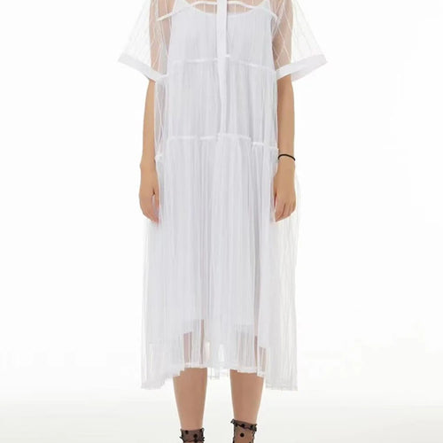 Load image into Gallery viewer, Women Black Mesh Perspective Midi Elegant Shirt Dress New Lapel Short Sleeve Fashion Tide Spring Summer 2025 1DJ0866
