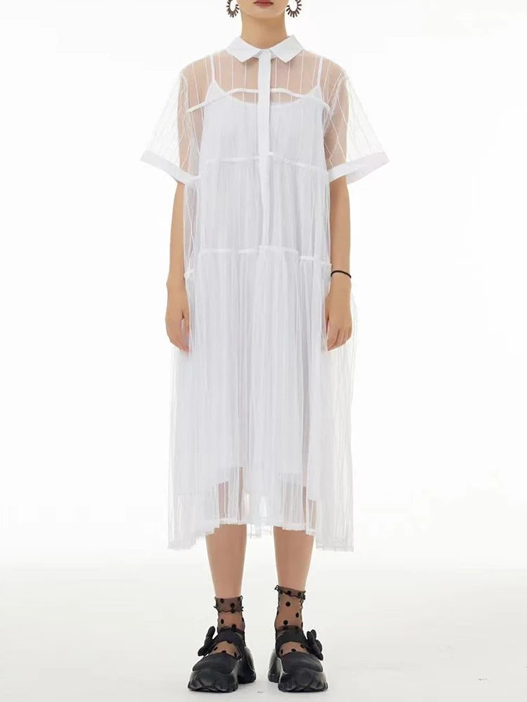 Women Black Mesh Perspective Midi Elegant Shirt Dress New Lapel Short Sleeve Fashion Tide Spring Summer 2025 1DJ0866