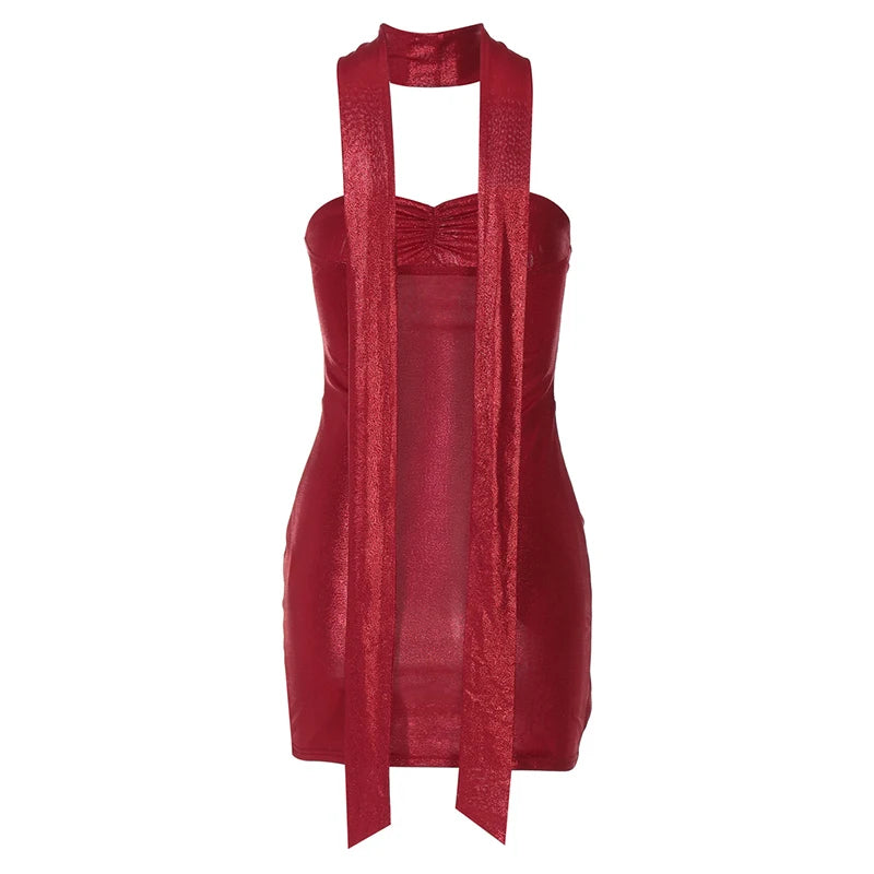 Halter Strapless Ruched Sexy Mini Dress For Women Robe Fashion Solid Off-shoulder Backless Sleeveless Club Dress New