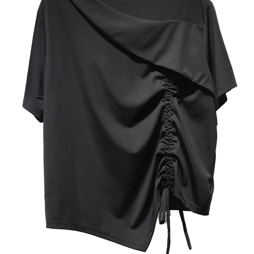 Load image into Gallery viewer, Women Black Irregular Drawstring Big Size T-shirt New Skew Collar Short Sleeve Fashion Tide Spring Summer 2025 1DJ1374
