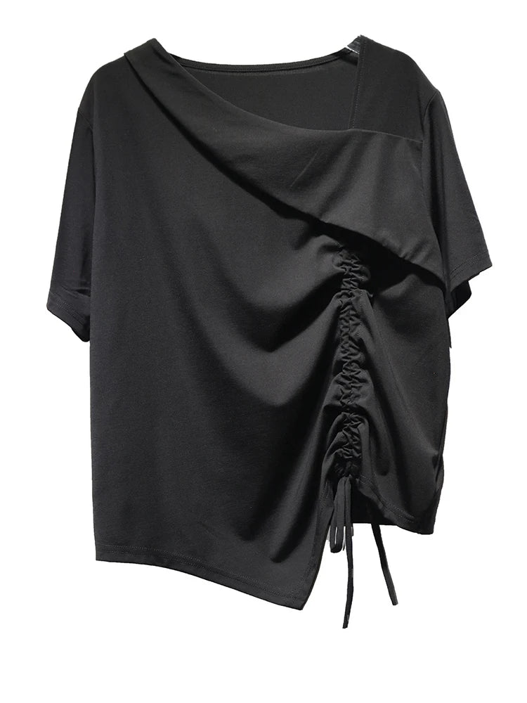 Women Black Irregular Drawstring Big Size T-shirt New Skew Collar Short Sleeve Fashion Tide Spring Summer 2025 1DJ1374