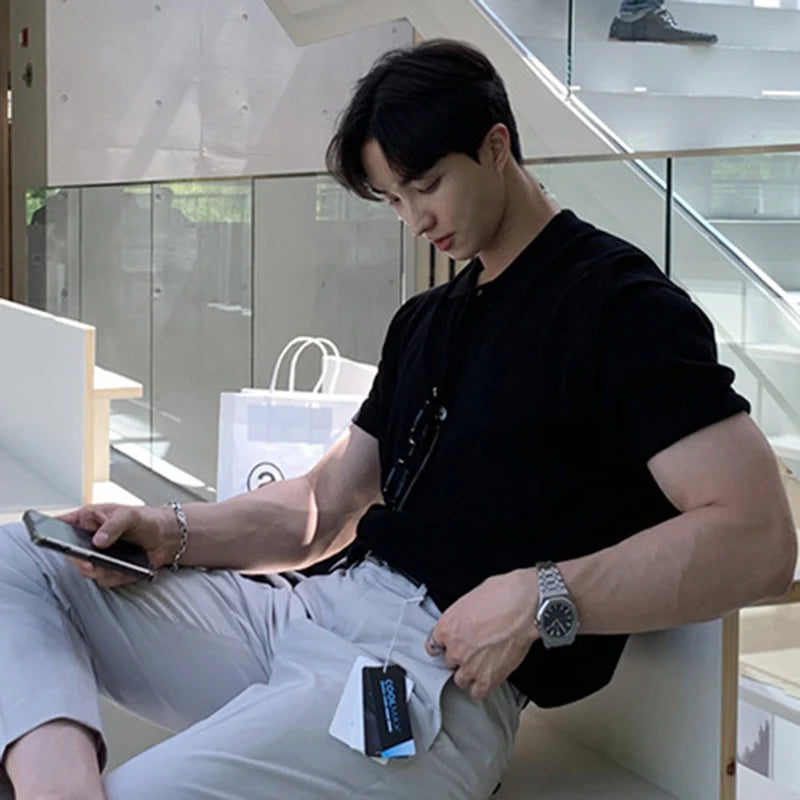 Men's T-shirts Solid Color Turn-down Collar Short Sleeved Single Breasted New Korean Summer Casual Male T-shirt 9W1361