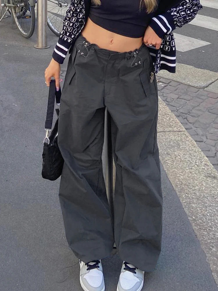 Streetwear Drawstring Low Waist Women Trousers Casual Solid Joggers Shirring Harajuku Baggy Pants Track Retro Outfits