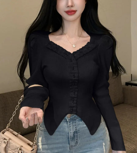 y2k Tops Women Coquette Clothing Solid Color V Neck Long Sleeve Knitted T Shirts 2000s Fairycore Clothes Streetwear