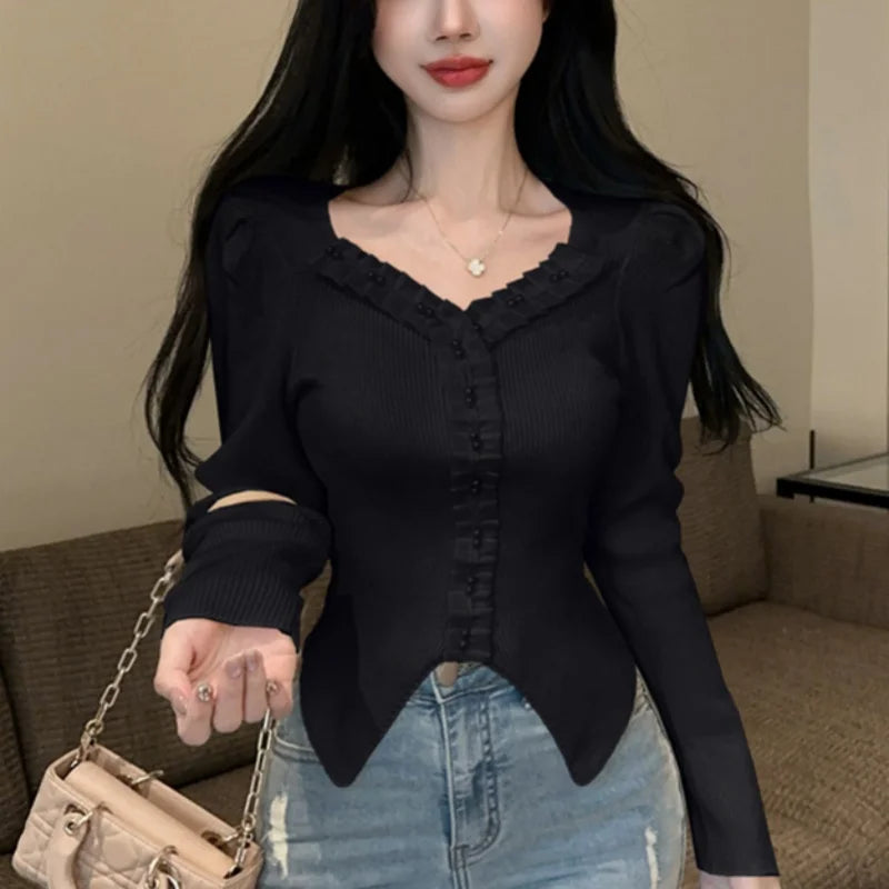 y2k Tops Women Coquette Clothing Solid Color V Neck Long Sleeve Knitted T Shirts 2000s Fairycore Clothes Streetwear