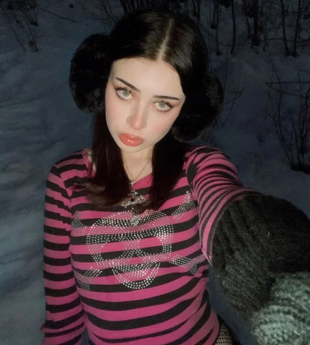 Gothic Rhinestone Skull Crop Top 2000s Aesthetic Women Striped Long Sleeve T Shirt Punk Dark Academia Aesthetic Clothes