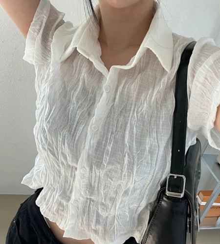 Nomikuma Crop Top Summer Turn Down Collar Pleated Hollow Out T Shirt for Women Vintage Harajuku Fashion Sexy Y2k Streetwear