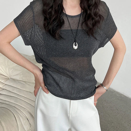Load image into Gallery viewer, Women Blue Knitting Bandage Thin Casual T-shirt New Round Neck Short Sleeve Fashion Tide Spring Summer 2025 1DJ1305
