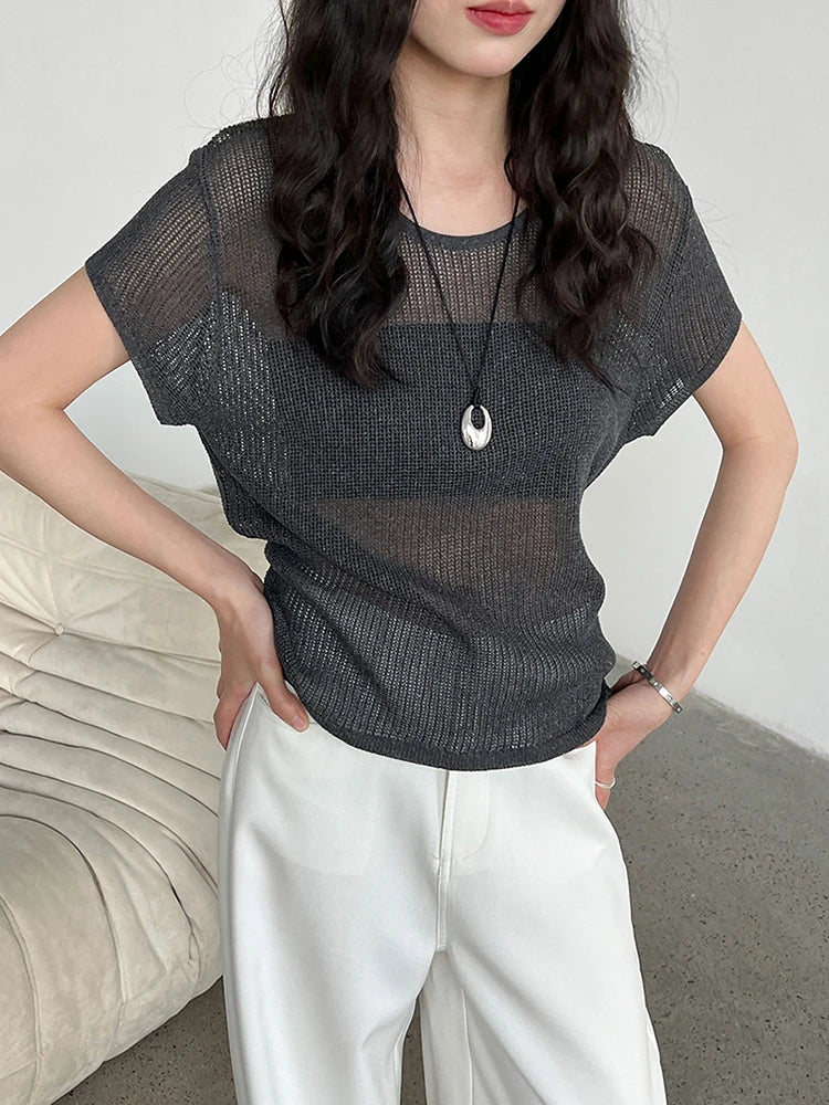 Women Blue Knitting Bandage Thin Casual T-shirt New Round Neck Short Sleeve Fashion Tide Spring Summer 2025 1DJ1305