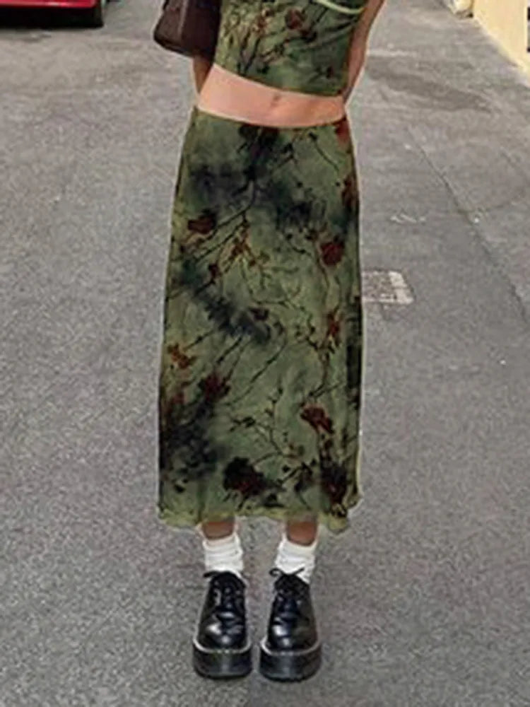 Y2K Green Fairycore Graphic Printed Midi Skirt Vintage Aesthetic Frill Chic Fashion Women's Skirts Grunge Outfits