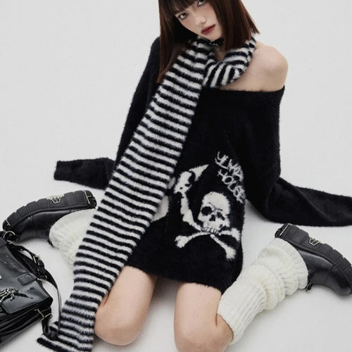 Load image into Gallery viewer, Loose Mohair Thick Sweater Women Y2k Aesthetic Knitted Punk Vintage Pullover Sueter Mujer Harajuku Skull Print Grunge Pull Femme
