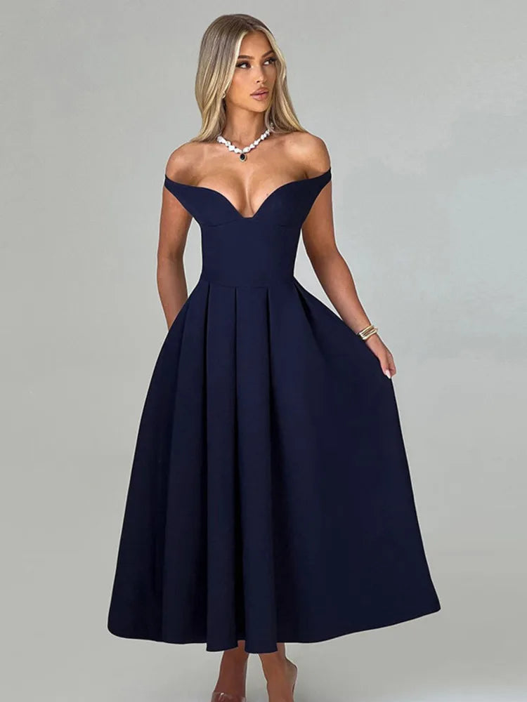 Off-shoulder Backless Pleated Maxi Dress Women Fashion Strapless Sleeveless High Waist A-line Club Long Dress Elegant