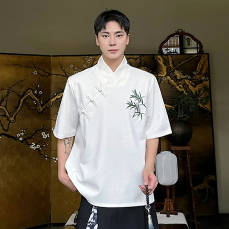 Summer Men's Short Sleeve T-shirt Chinese Style Embroidery Design Loose Casual Male Top V-neck Men Clothing 9C5592