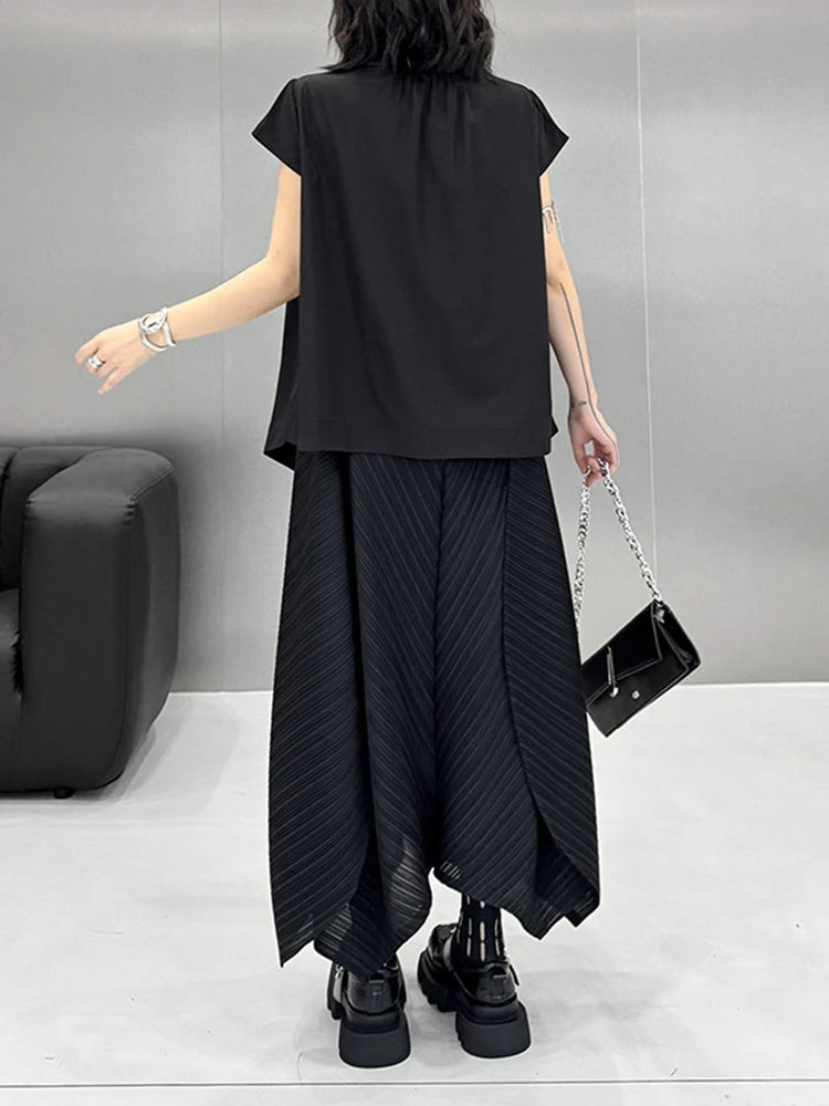 Women Black Irregular Hem Big Size Elegant Blouse New Stand Collar Sleeveless Shirt Fashion Spring Summer 2025 1DJ1465