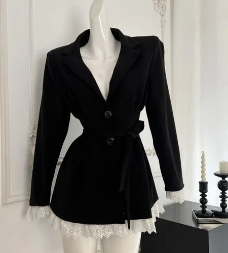 Vintage French New Women Black Patchwork Lace Single Breasted Bandage Blazer Jacket Autumn Winter Sweet Temperament Tops Fashion