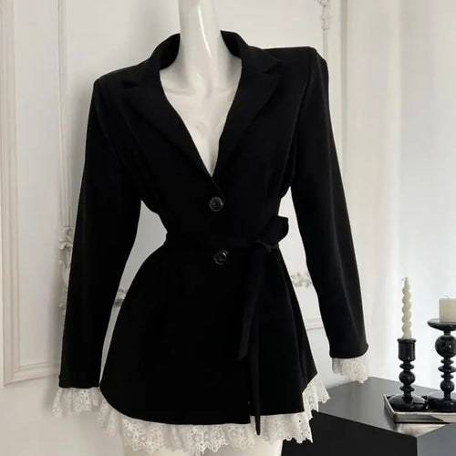 Load image into Gallery viewer, Vintage French New Women Black Patchwork Lace Single Breasted Bandage Blazer Jacket Autumn Winter Sweet Temperament Tops Fashion
