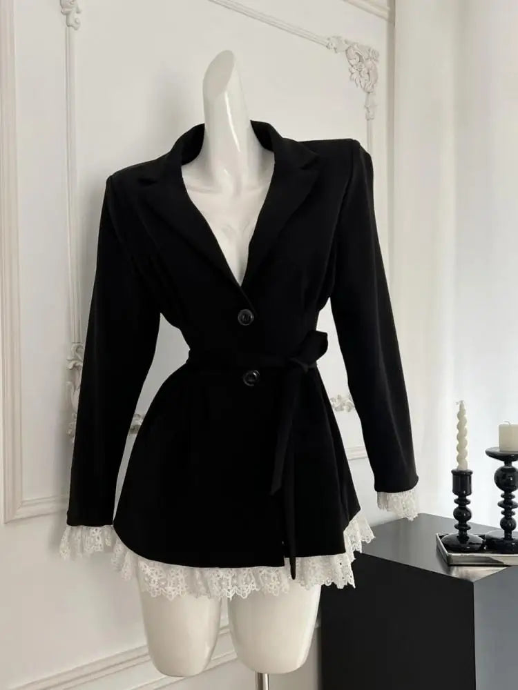 Vintage French New Women Black Patchwork Lace Single Breasted Bandage Blazer Jacket Autumn Winter Sweet Temperament Tops Fashion