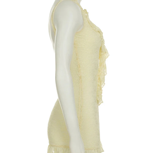 Load image into Gallery viewer, Lace Sleeveless Ruffle Sexy Mini Dress For Women Robe Elegant Deep V Neck Backless Bodycon Club Party Dress Vestido
