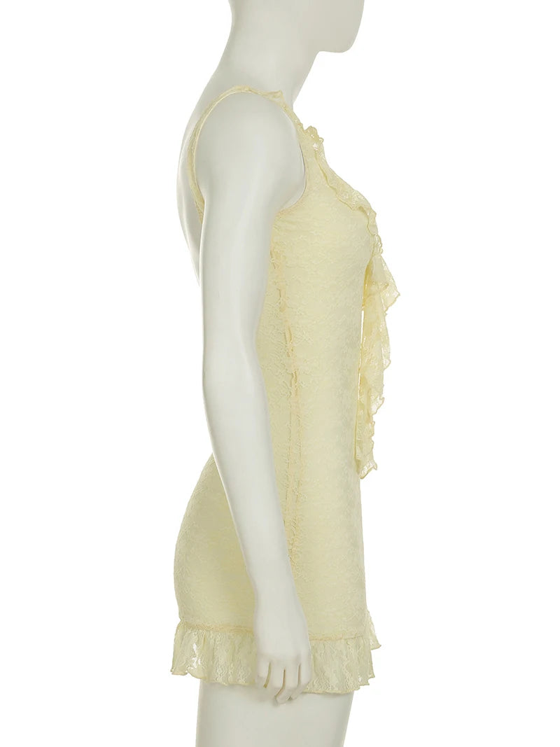 Lace Sleeveless Ruffle Sexy Mini Dress For Women Robe Elegant Deep V Neck Backless Bodycon Club Party Dress Vestido