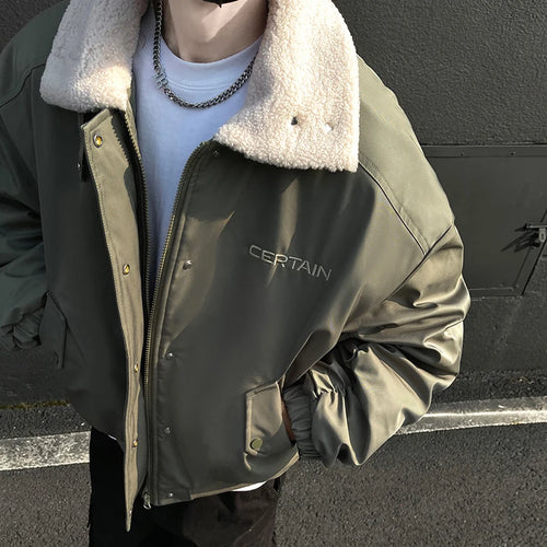 Load image into Gallery viewer, Lamb Wool Collar Retro Cotton Padded Clothes American Men Solid Color 2024 Winter New Stylish Male Jacket Tide 9C8933
