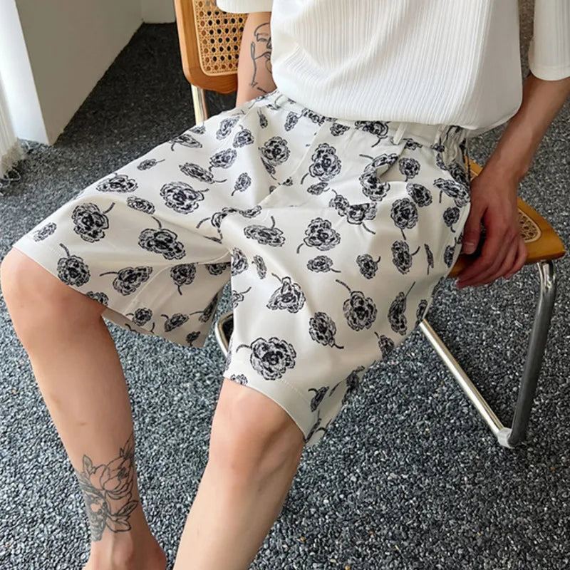 Male Summer Korean Printing Casual Shorts Wide Leg Knee Lenght Flowers Short Pants Men's Trendy Loose Everyday 9A8876