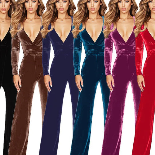Load image into Gallery viewer, Fashion Re Velvet Elastic Slim  Women Jumpsuit Deep V-belt Jumpsuit Casual Korean Long Sleeved Jumpsuit Autumn Winter
