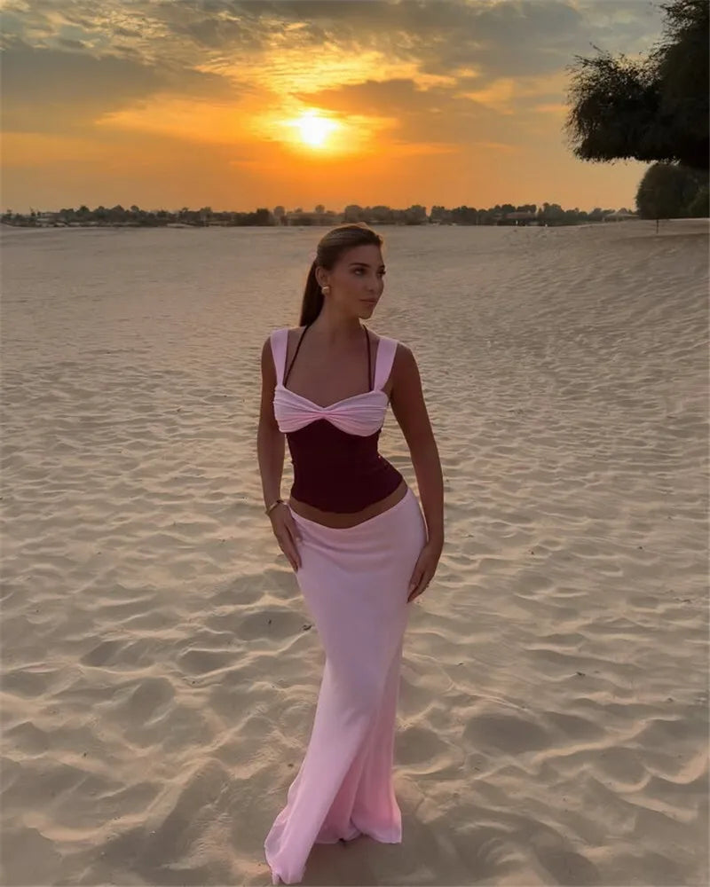 Sexy Skirt Two Piece Sets Women Halter Lace-up Cropped Tops And Maxi Skirt Ladies Fashion Sleeveless 2 Piece Sets