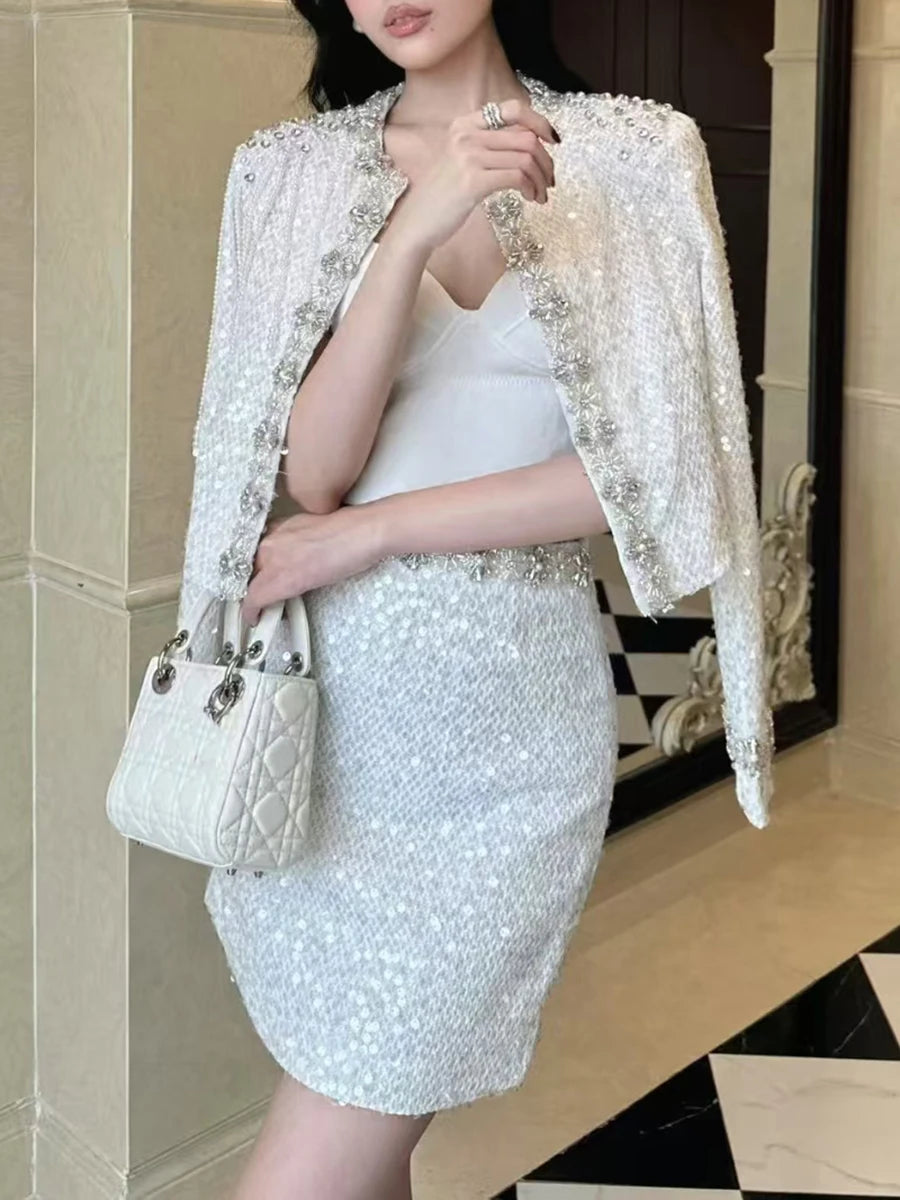 Solid Spliced Sequins Two Piece Sets for Women O Neck Long Sleeves Top Mini Skirt Patchwork Bead Elegant Set Female