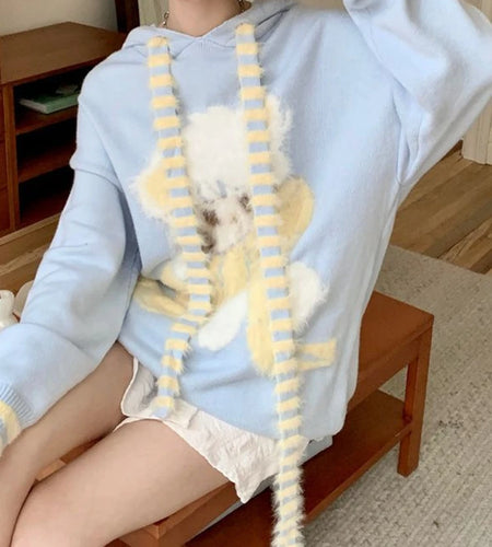 Kawaii Patchwork Striped Sweaters Sweet Y2k Women Hooded Knitwear Loose Cute Rabbit Ears Flocking Pullovers Female Fashion Chic