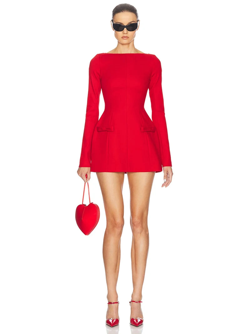 Double Bow Long Sleeve Sexy Mini Dress For Women Autumn Winter New Solid High Waist Bodycon Club Party Dress Elegant