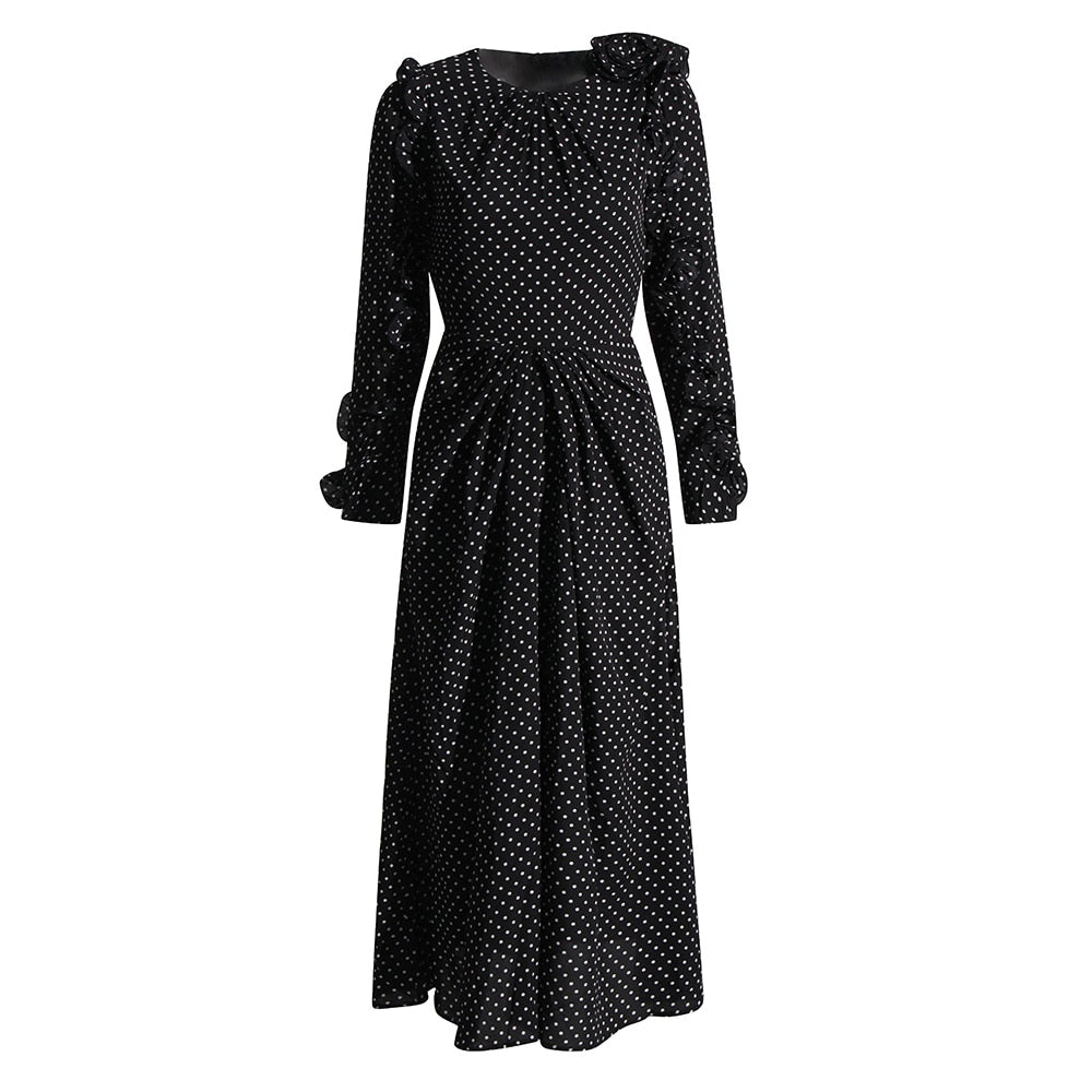 Dot Dresses For Women Round Neck Long Sleeve High Waist Folds Patchwork Single Breasted Elegant Dress Female