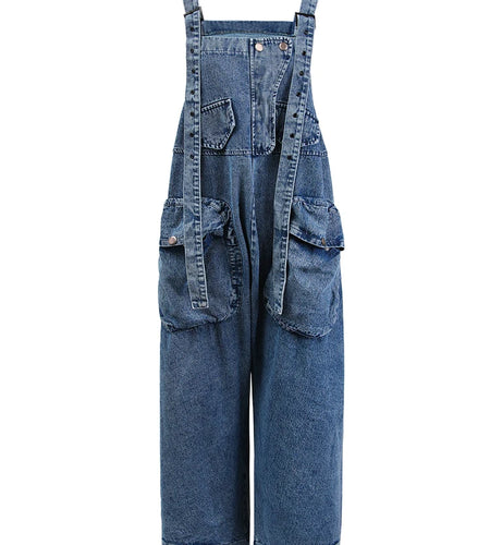 High Waist Blue Pocket Big Size Denim Overalls Trousers New Loose Fit Pants Women Fashion Tide Spring Autumn 2025 1K16401