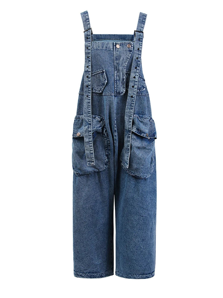 High Waist Blue Pocket Big Size Denim Overalls Trousers New Loose Fit Pants Women Fashion Tide Spring Autumn 2025 1K16401