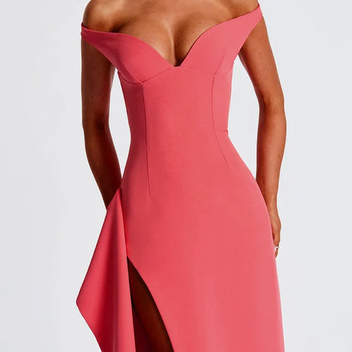 Load image into Gallery viewer, Off-shoulder Backless Split Sexy Maxi Dress Women Gown Pink Summer New Zipper Strapless Evening Club Party Long Dress
