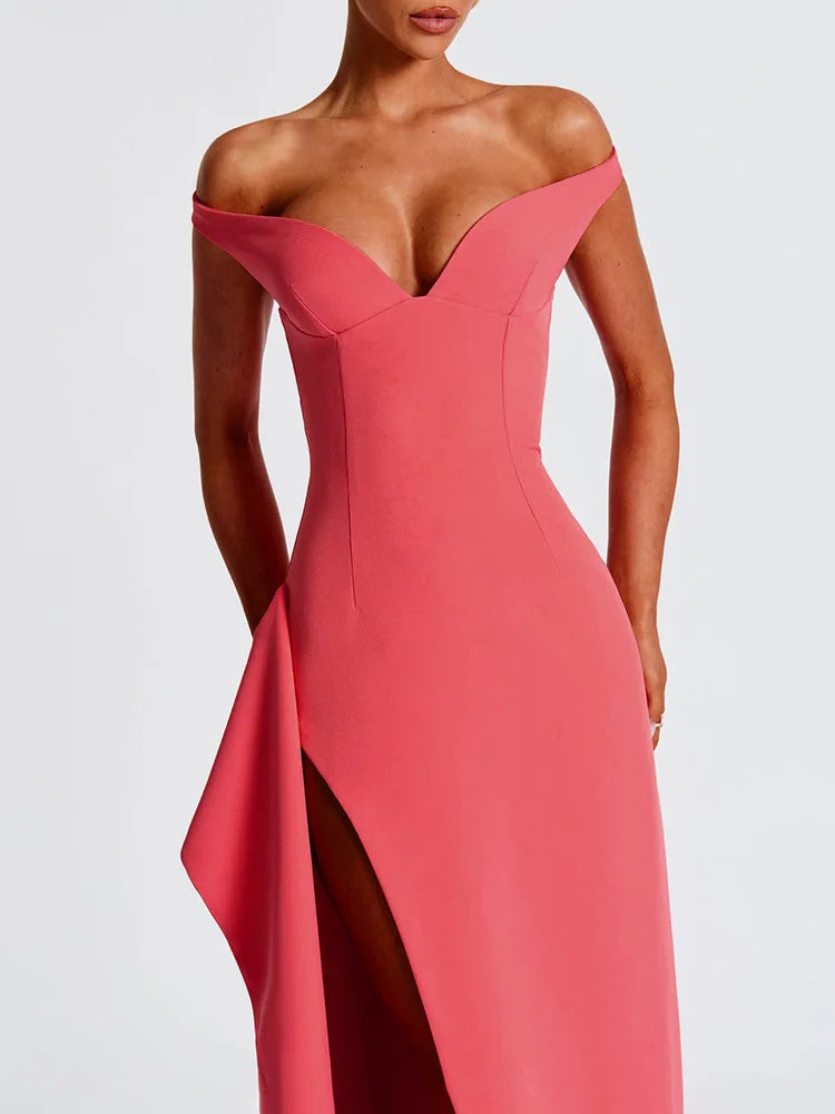 Off-shoulder Backless Split Sexy Maxi Dress Women Gown Pink Summer New Zipper Strapless Evening Club Party Long Dress