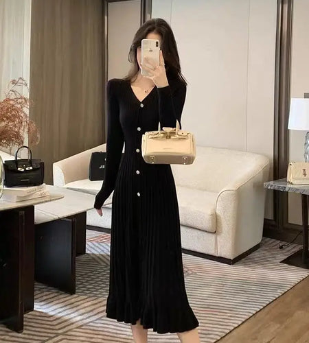 French Women Black Beige Long Sleeve Knitted Dress 2024 New Autumn Winter Ladies Pink V-neck Single Breasted Ruffles Dress Trend