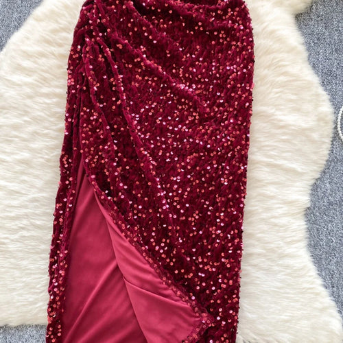 Load image into Gallery viewer, French Women Red Sequin Backless Birthday Party Strapless Split Long Dress Summer Elegant Sexy Sleeveless Pleated Evening Dress
