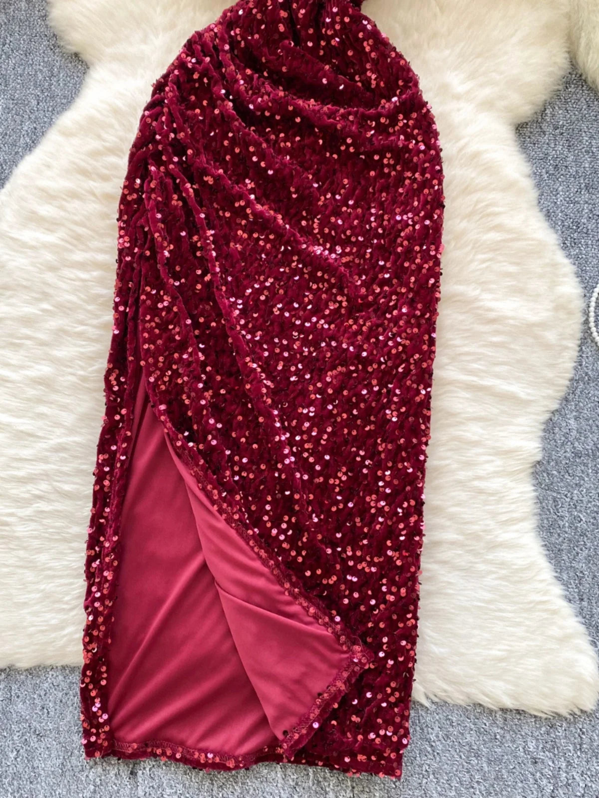 French Women Red Sequin Backless Birthday Party Strapless Split Long Dress Summer Elegant Sexy Sleeveless Pleated Evening Dress