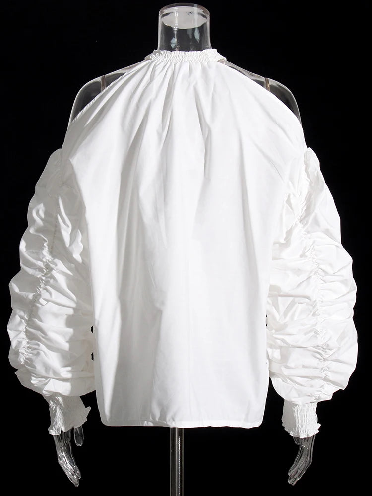 Minimalist Shirt For Women Stand Collar Lantern Sleeve Patchwork Folds Off Shoulder Loose Eleagnt Blouse Female