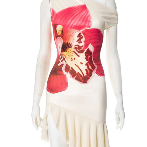 Load image into Gallery viewer, Skew Collar Ruffled Print Sexy Mini Dress For Women Off-shoulder Sleeveless Backless High Waist Printed Dress Vestido
