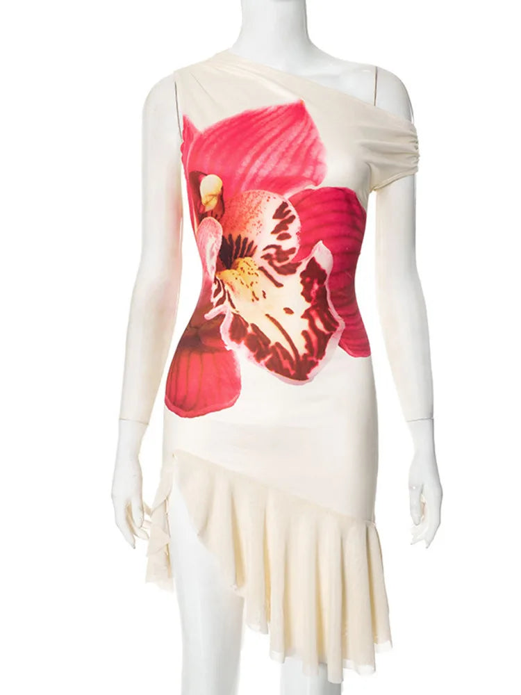 Skew Collar Ruffled Print Sexy Mini Dress For Women Off-shoulder Sleeveless Backless High Waist Printed Dress Vestido