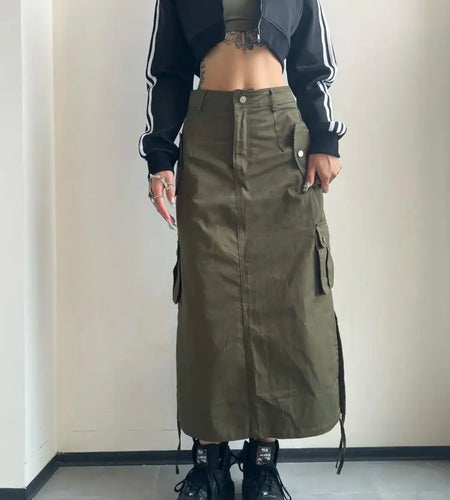 Fashion Long Cargo Skirt Women Y2k Streetwear Vintage Pocket High Waist Side Split Shirring Casual Straight Midi Skirt Korean