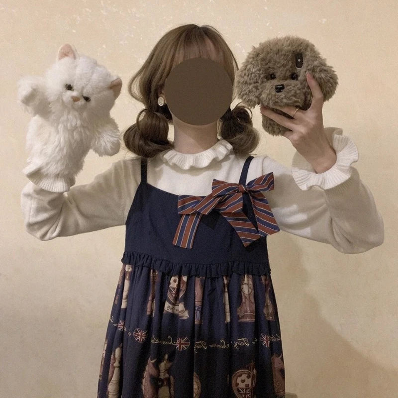 2025 Autumn Preppy Style Knitted Sweater Harajuku Sweet Loose Simple Jumpers Y2k Aesthetic Ruffled Collar Solid Grunge Pullover