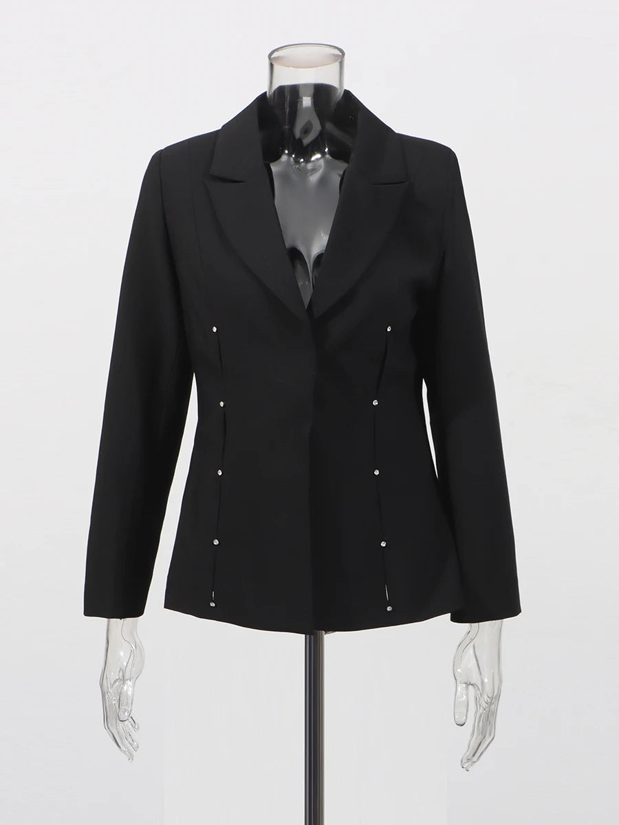 Solid Split Spliced Diamonds Two Piece Sets for Women Lapel Long Sleeves Blazer High Waist Pant Fashion Set Female