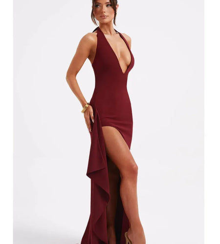 Women's Sexy Sleeveless High Split Evening Dress, Lace Up Neck Fold, Elegant Female Fashion, Backless Partywear, 2024