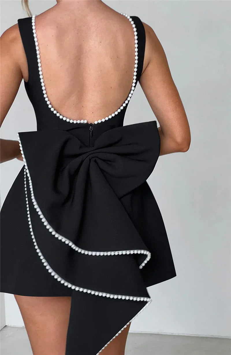 Pearl Bow Backless Sexy Mini Dress For Women Robe Fashion Zipper Sleeveless High Waist A-line Club Party Dress Elegant