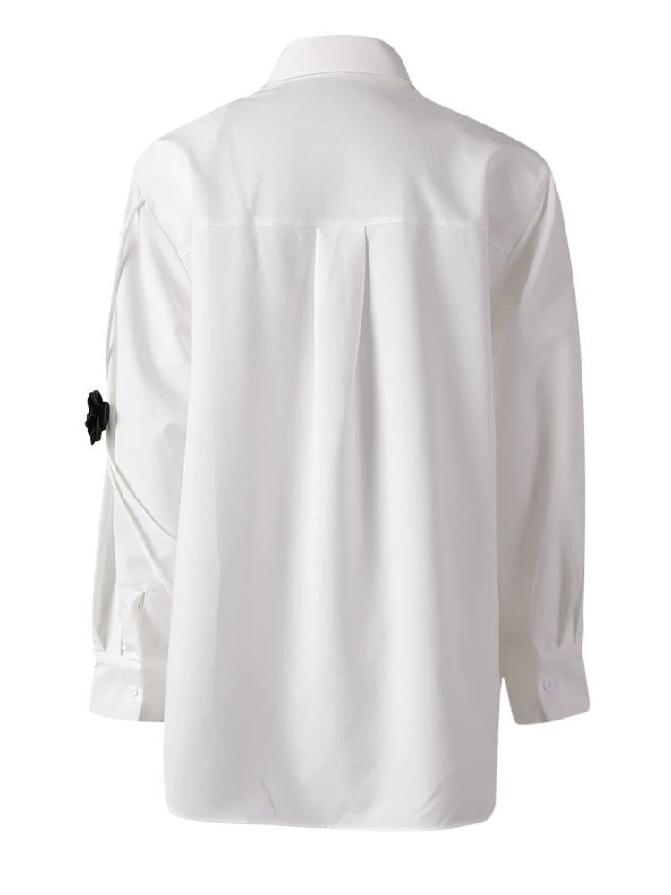 Women White 3d Flower String Big Size Elegant Blouse New Lapel Long Sleeve Shirt Fashion Tide Spring Autumn 2025 CPG3098